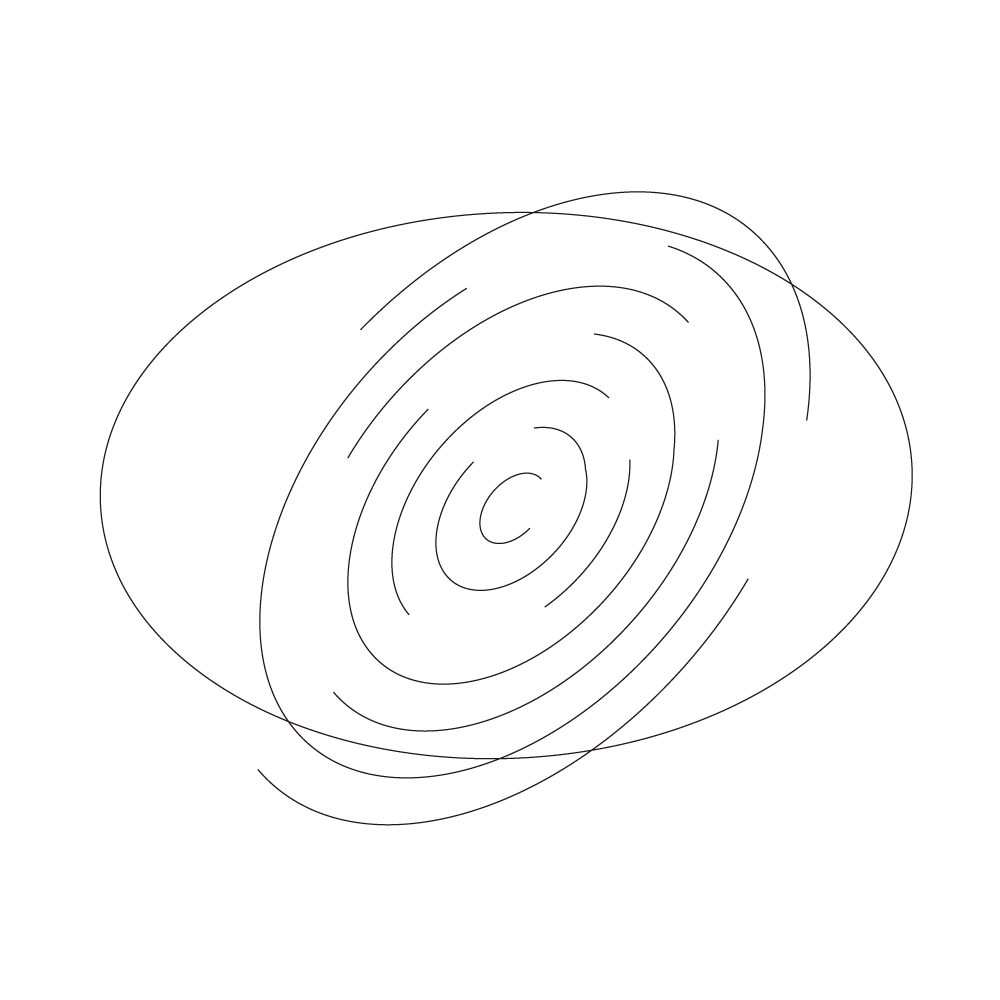 A horizontal oval intersects with an oblique spinning whirlpool composed of elongated c’s.