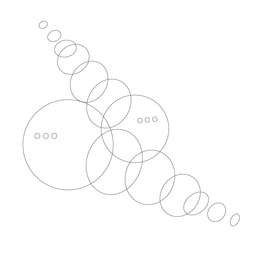 2 circles containing 3 outlined dots move diagonally in opposite directions. They have just passed one another, and a sequence of ovoid rings trails behind each leading circle.